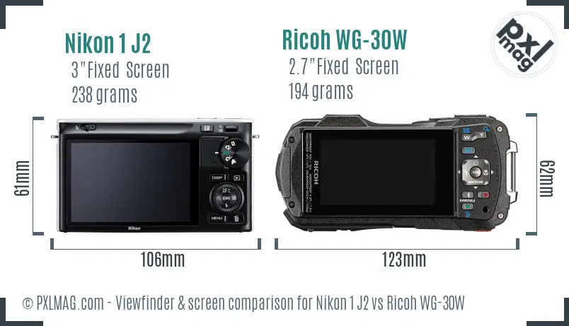 Nikon 1 J2 vs Ricoh WG-30W Screen and Viewfinder comparison