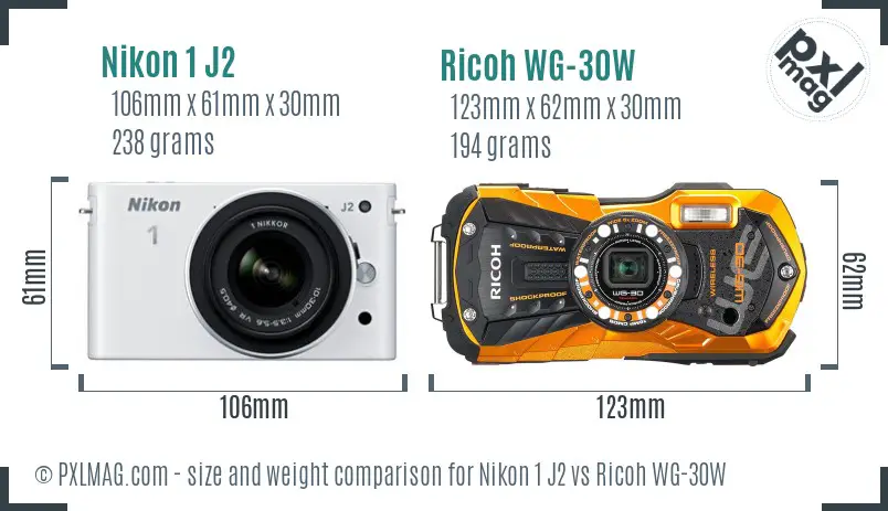 Nikon 1 J2 vs Ricoh WG-30W size comparison
