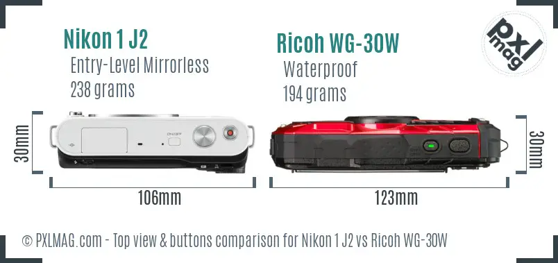 Nikon 1 J2 vs Ricoh WG-30W top view buttons comparison