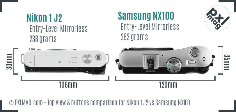 Nikon 1 J2 vs Samsung NX100 top view buttons comparison