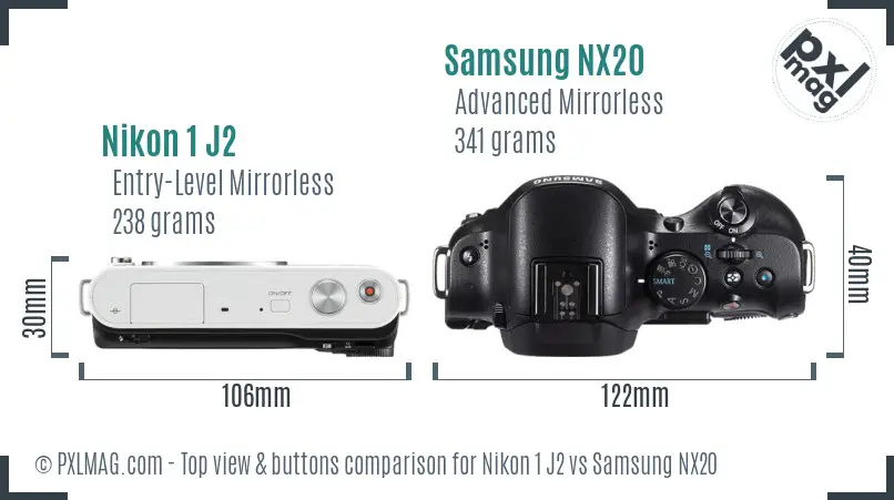Nikon 1 J2 vs Samsung NX20 top view buttons comparison
