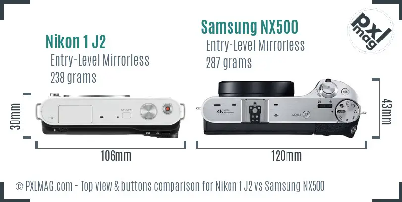 Nikon 1 J2 vs Samsung NX500 top view buttons comparison