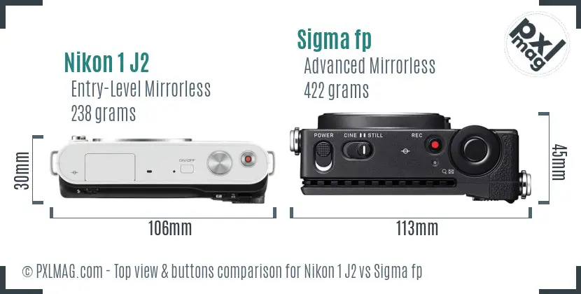 Nikon 1 J2 vs Sigma fp top view buttons comparison Nikon 1 J2 vs Sigma fp top view buttons comparison