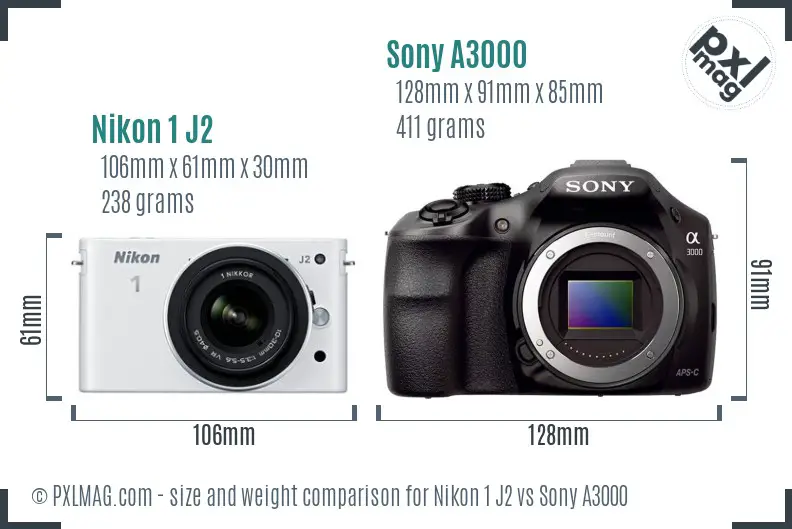 Nikon 1 J2 vs Sony A3000 size comparison