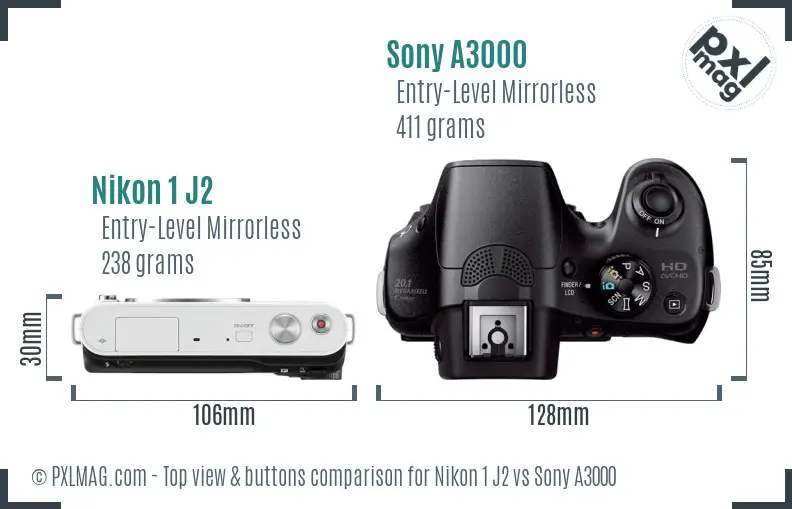 Nikon 1 J2 vs Sony A3000 top view buttons comparison
