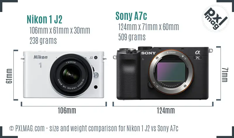 Nikon 1 J2 vs Sony A7c size comparison