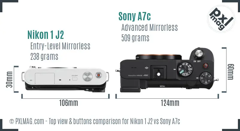 Nikon 1 J2 vs Sony A7c top view buttons comparison