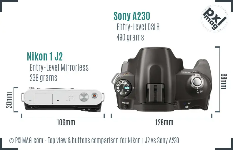 Nikon 1 J2 vs Sony A230 top view buttons comparison