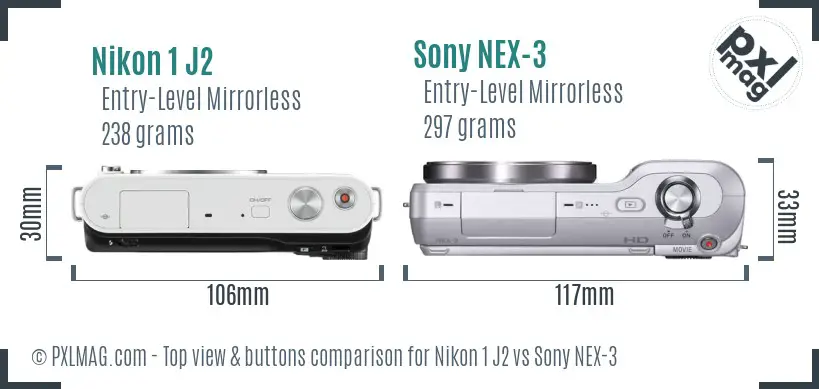 Nikon 1 J2 vs Sony NEX-3 top view buttons comparison