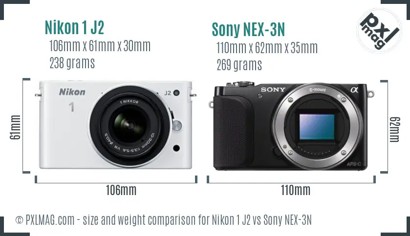 Nikon 1 J2 vs Sony NEX-3N size comparison