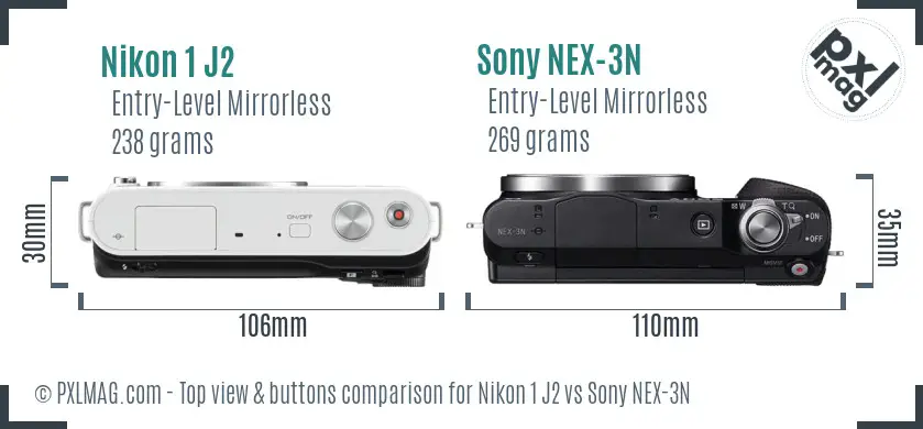 Nikon 1 J2 vs Sony NEX-3N top view buttons comparison