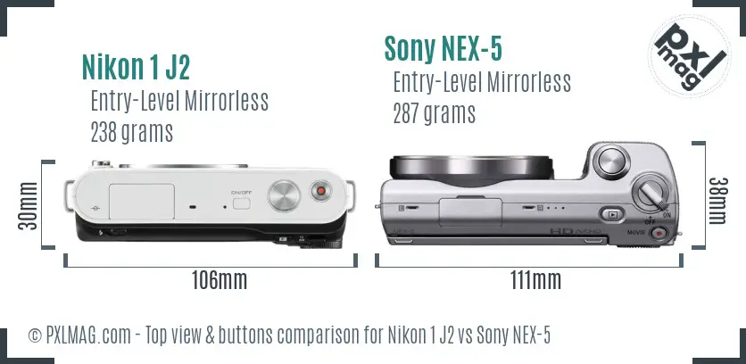 Nikon 1 J2 vs Sony NEX-5 top view buttons comparison