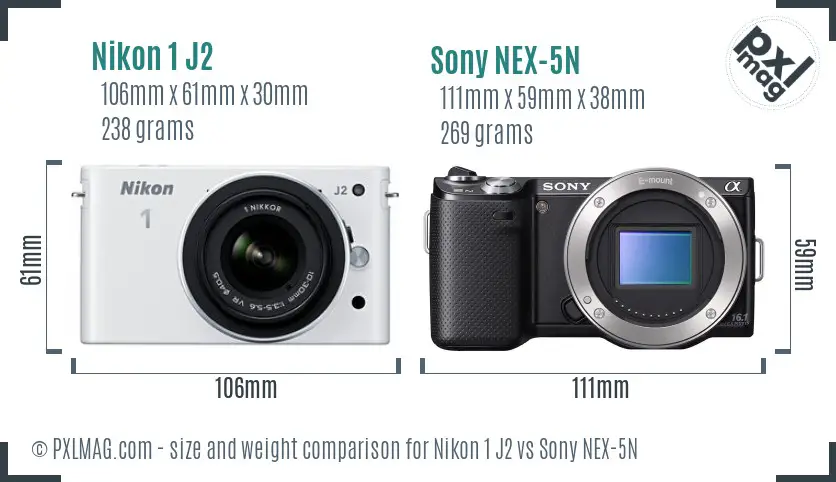Nikon 1 J2 vs Sony NEX-5N size comparison