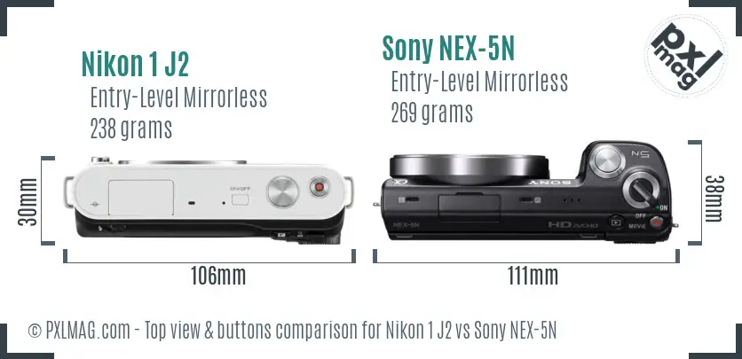 Nikon 1 J2 vs Sony NEX-5N top view buttons comparison
