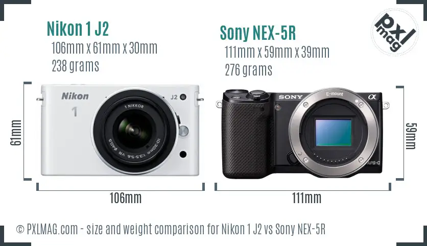 Nikon 1 J2 vs Sony NEX-5R size comparison