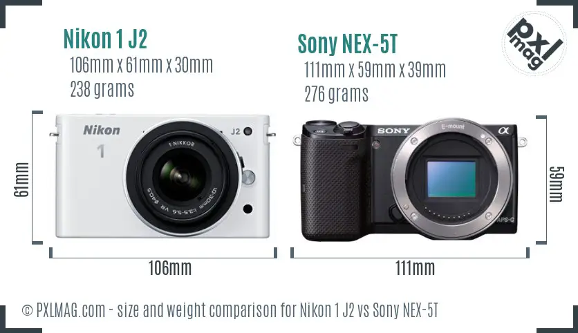 Nikon 1 J2 vs Sony NEX-5T size comparison Nikon 1 J2 vs Sony NEX-5T size comparison