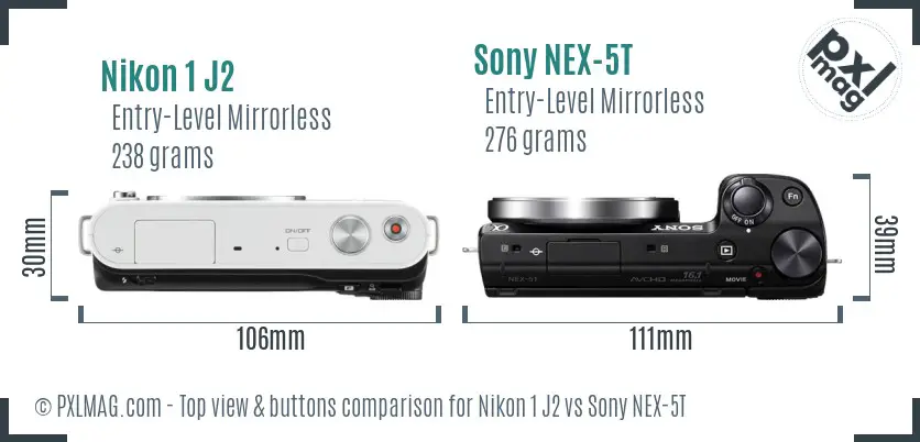 Nikon 1 J2 vs Sony NEX-5T top view buttons comparison Nikon 1 J2 vs Sony NEX-5T top view buttons comparison