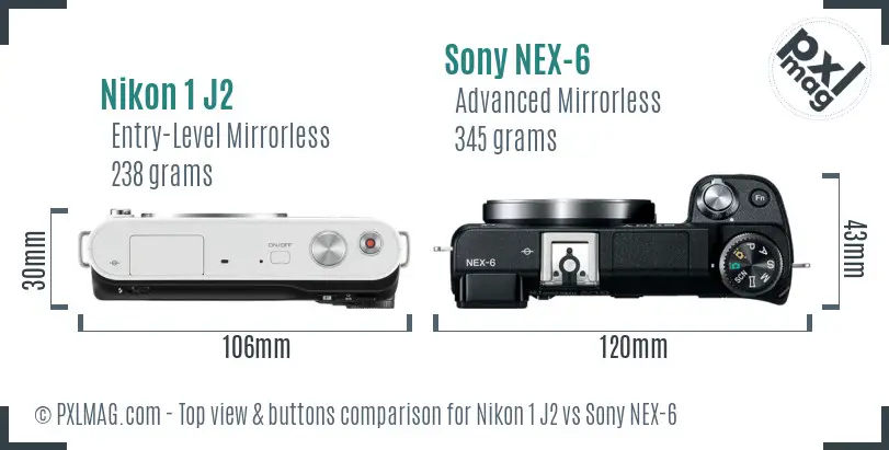 Nikon 1 J2 vs Sony NEX-6 top view buttons comparison
