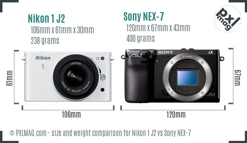 Nikon 1 J2 vs Sony NEX-7 size comparison