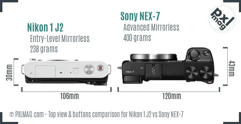 Nikon 1 J2 vs Sony NEX-7 top view buttons comparison