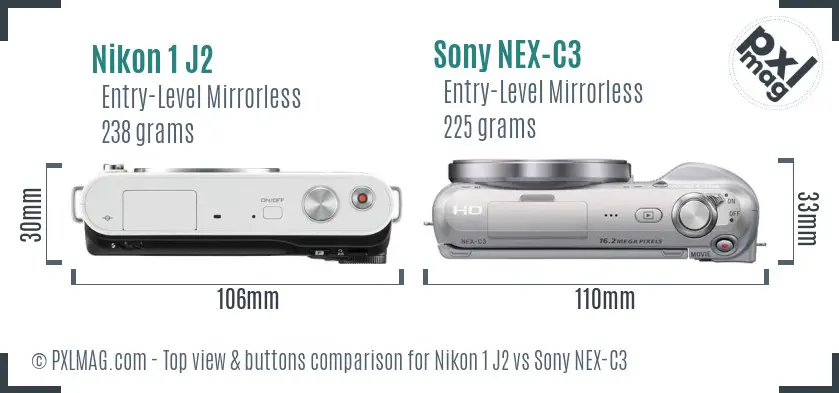 Nikon 1 J2 vs Sony NEX-C3 top view buttons comparison
