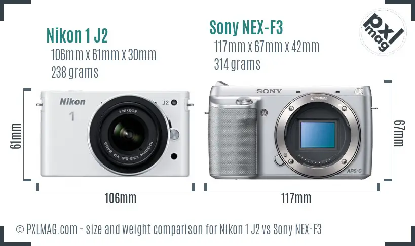 Nikon 1 J2 vs Sony NEX-F3 size comparison