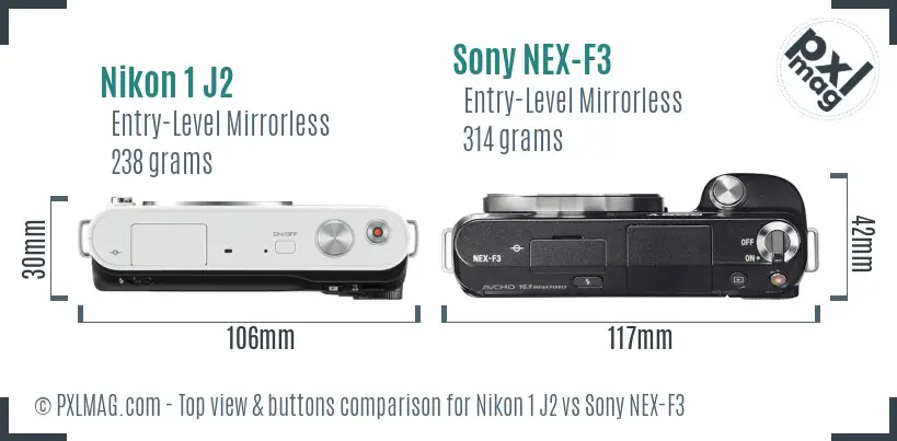 Nikon 1 J2 vs Sony NEX-F3 top view buttons comparison