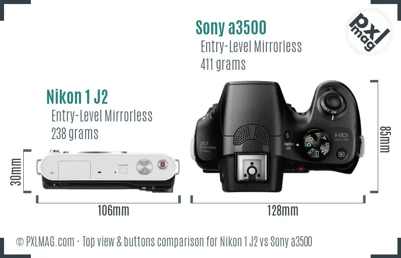 Nikon 1 J2 vs Sony a3500 top view buttons comparison