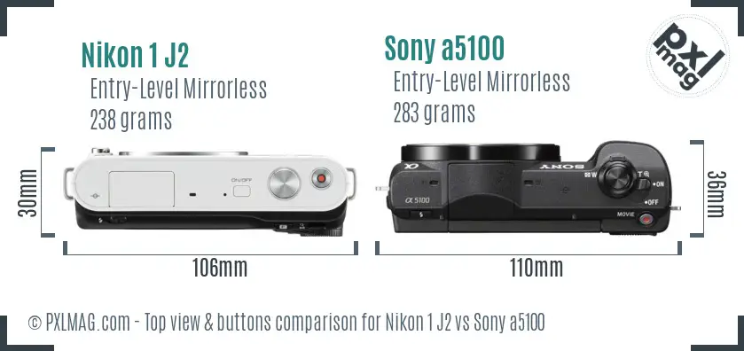 Nikon 1 J2 vs Sony a5100 top view buttons comparison