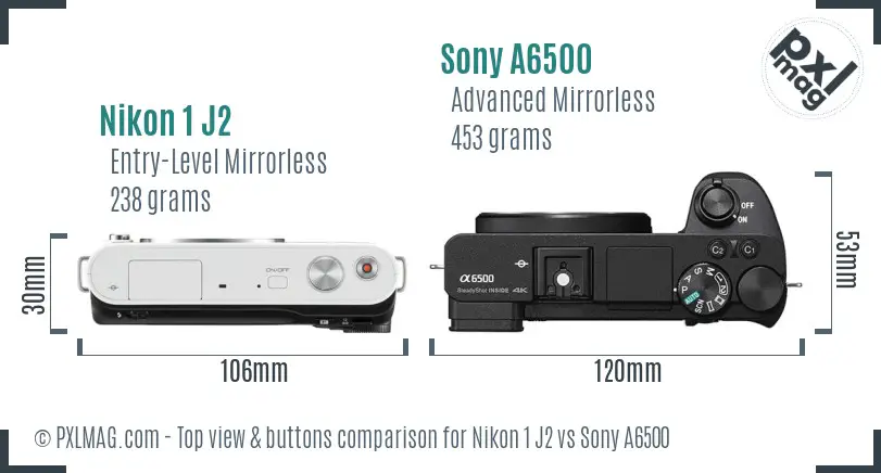 Nikon 1 J2 vs Sony A6500 top view buttons comparison