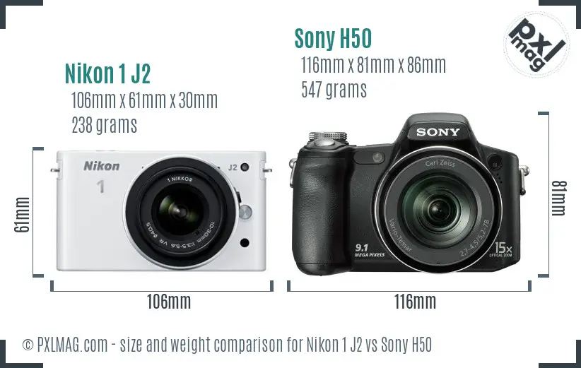 Nikon 1 J2 vs Sony H50 size comparison