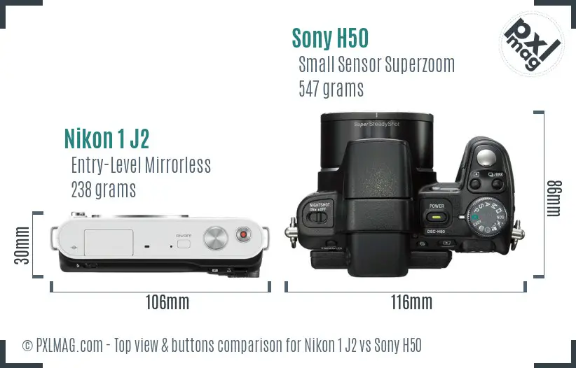 Nikon 1 J2 vs Sony H50 top view buttons comparison