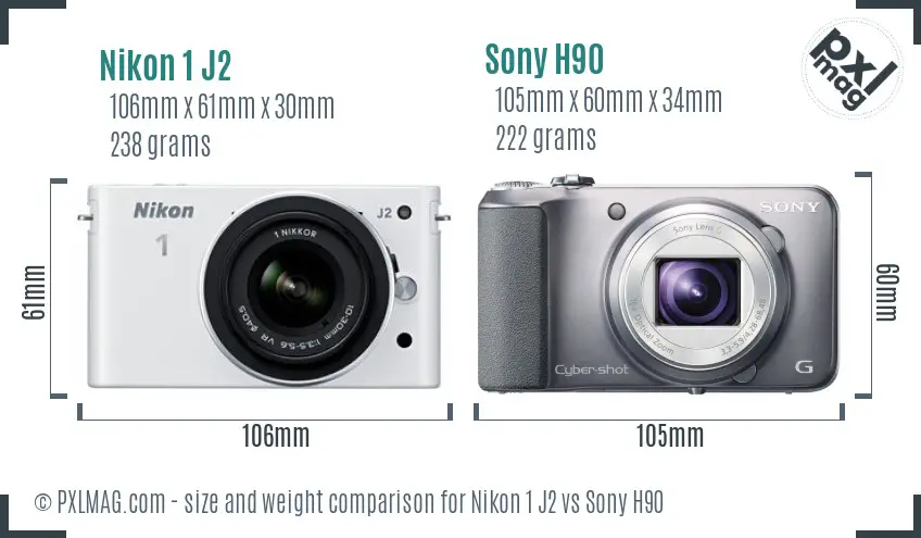 Nikon 1 J2 vs Sony H90 size comparison
