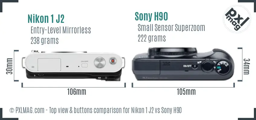 Nikon 1 J2 vs Sony H90 top view buttons comparison