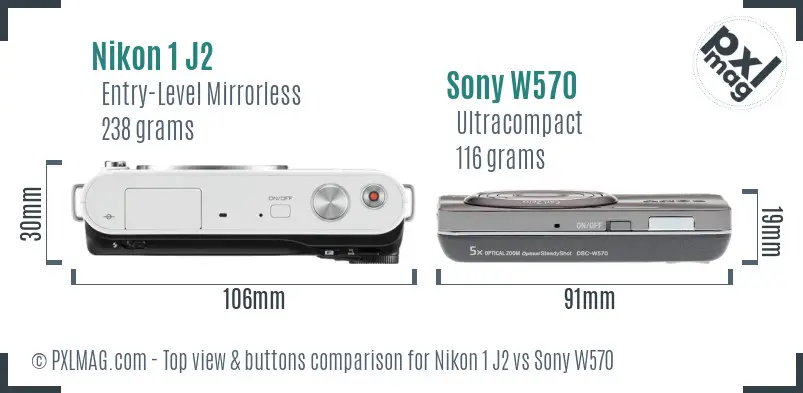 Nikon 1 J2 vs Sony W570 top view buttons comparison