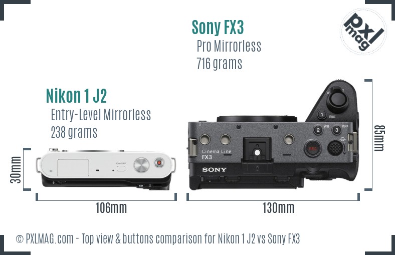 Nikon 1 J2 vs Sony FX3 top view buttons comparison