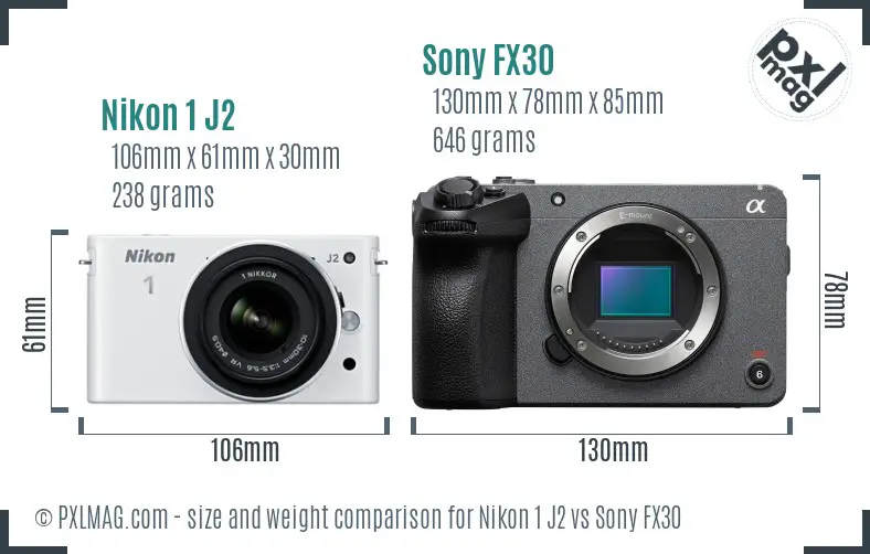 Nikon 1 J2 vs Sony FX30 size comparison Nikon 1 J2 vs Sony FX30 size comparison