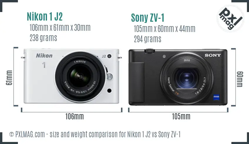 Nikon 1 J2 vs Sony ZV-1 size comparison