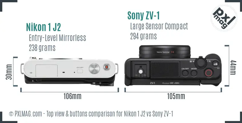 Nikon 1 J2 vs Sony ZV-1 top view buttons comparison