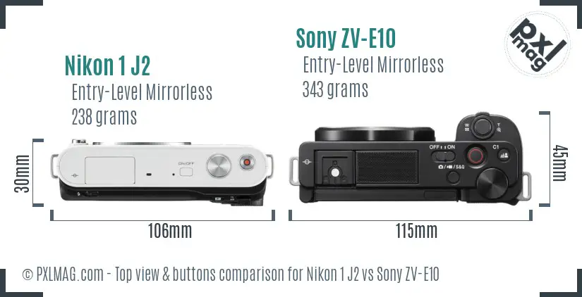 Nikon 1 J2 vs Sony ZV-E10 top view buttons comparison