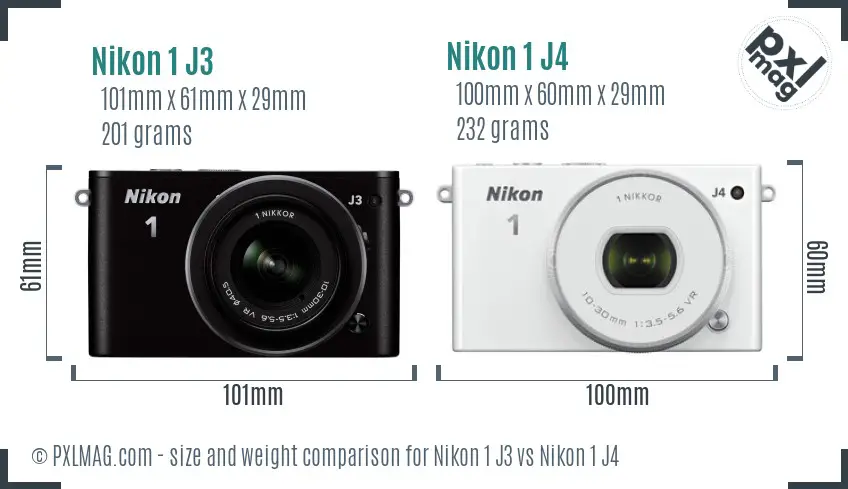 Nikon 1 J3 vs Nikon 1 J4 size comparison