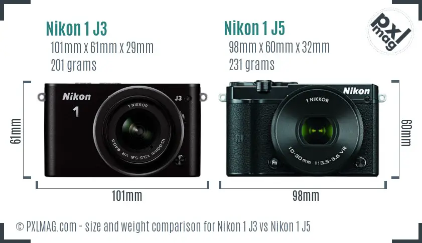 Nikon 1 J3 vs Nikon 1 J5 size comparison