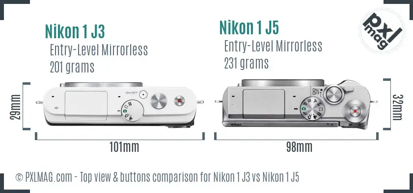 Nikon 1 J3 vs Nikon 1 J5 top view buttons comparison