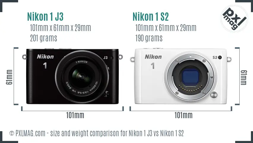 Nikon 1 J3 vs Nikon 1 S2 size comparison