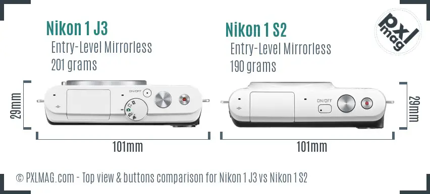 Nikon 1 J3 vs Nikon 1 S2 top view buttons comparison