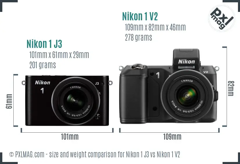 Nikon 1 J3 vs Nikon 1 V2 size comparison