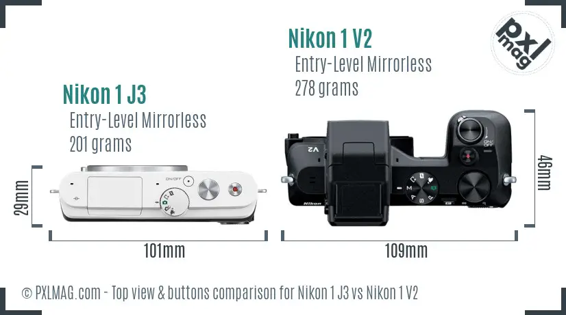 Nikon 1 J3 vs Nikon 1 V2 top view buttons comparison