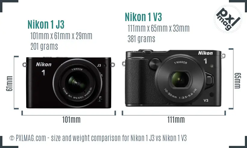 Nikon 1 J3 vs Nikon 1 V3 size comparison