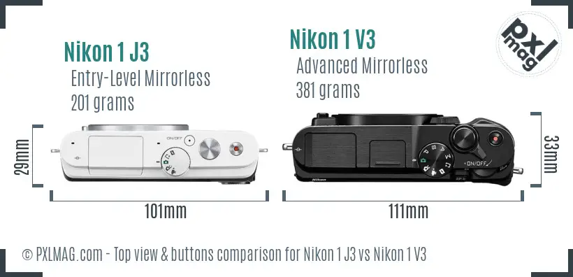 Nikon 1 J3 vs Nikon 1 V3 top view buttons comparison