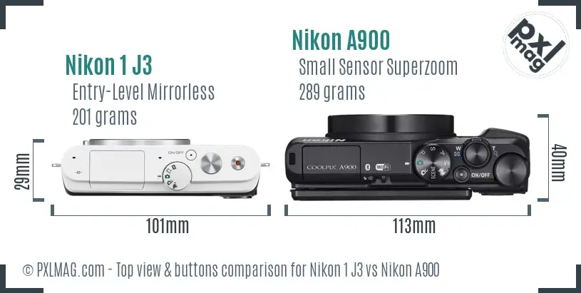 Nikon 1 J3 vs Nikon A900 top view buttons comparison Nikon 1 J3 vs Nikon A900 top view buttons comparison